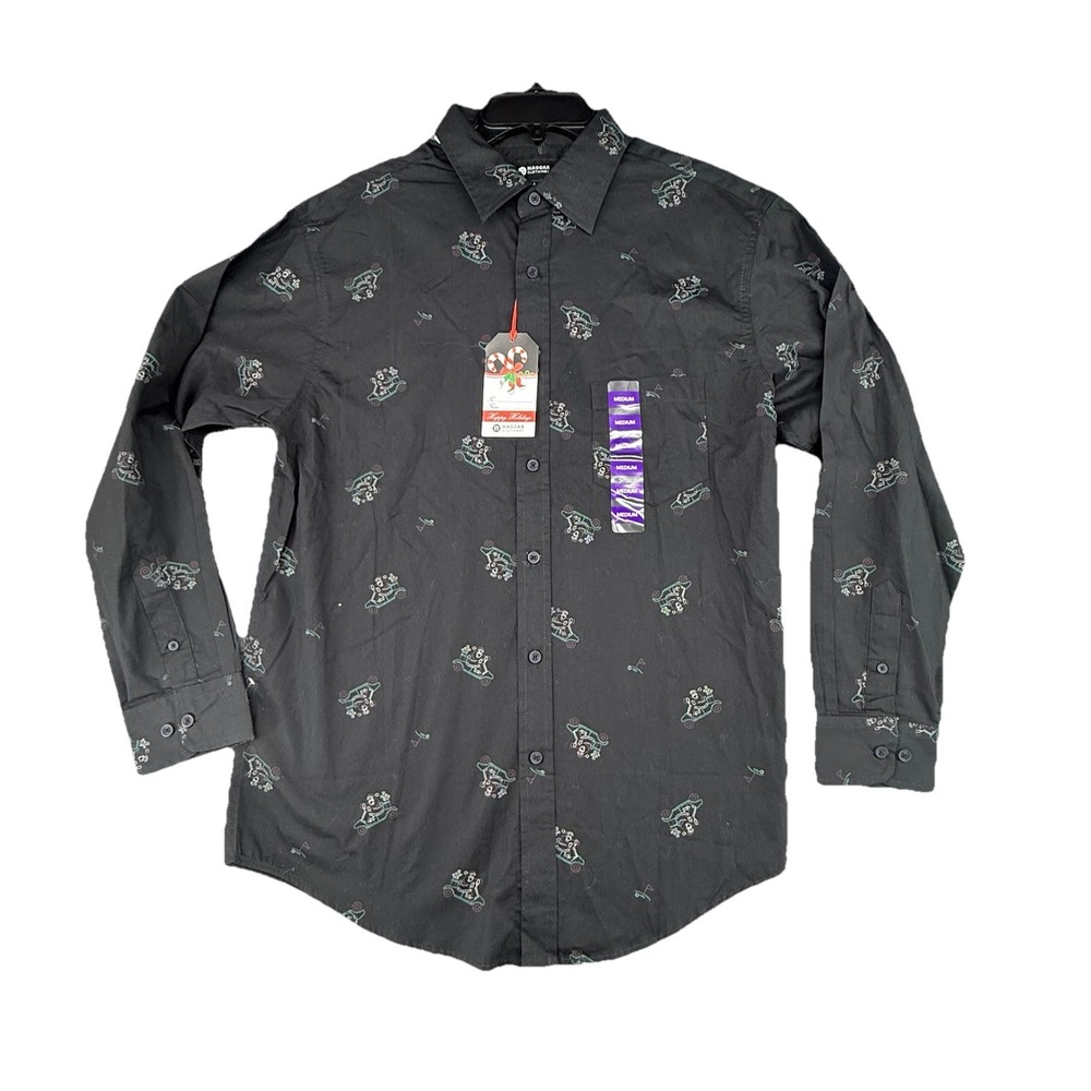 Haggar Mens Black Holiday Christmas Golf Cart Long Sleeve Button Up Shirt Medium